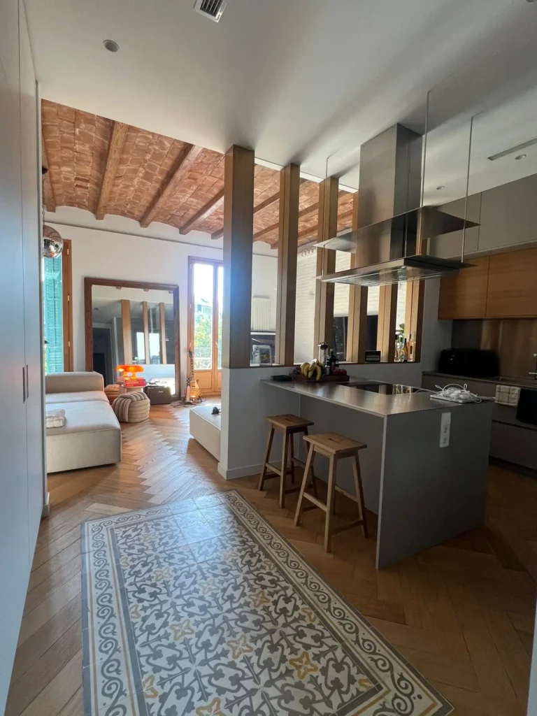 Open Living, Warm Brick and a Modern Island Kitchen