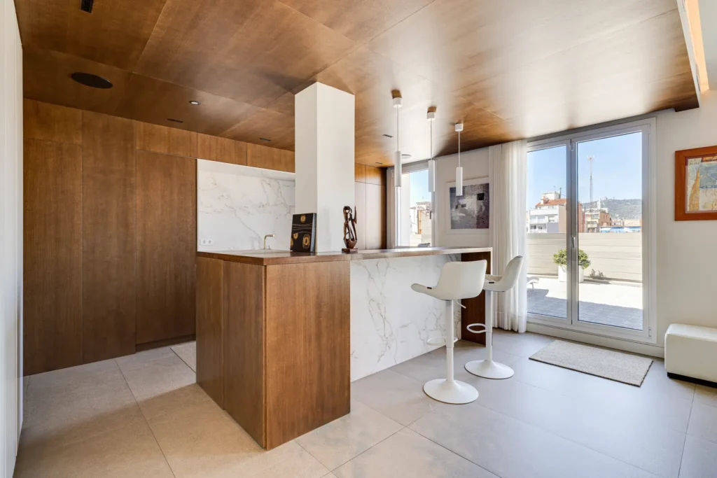 Open Plan Living with Warm Wood and Stone Finishes